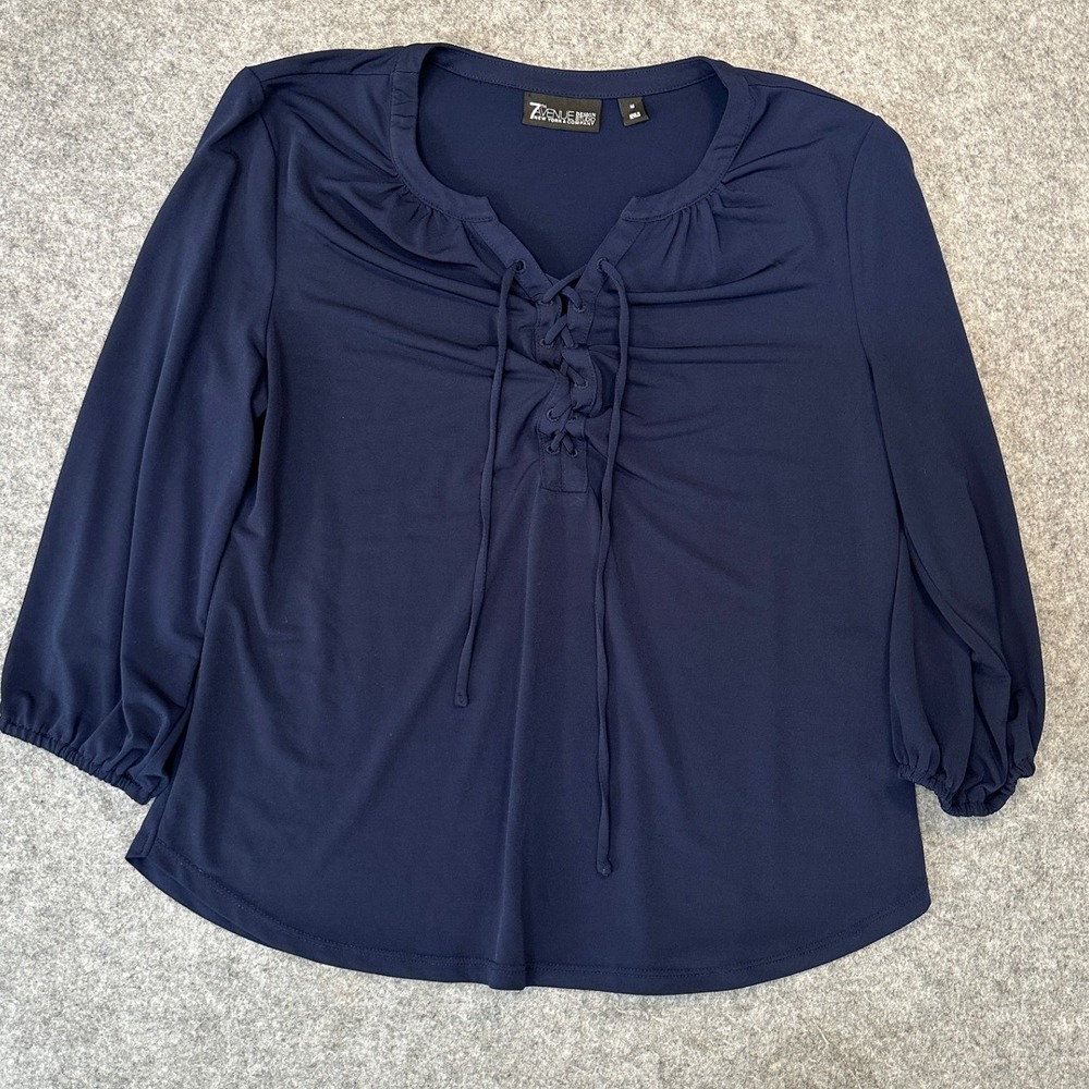 New York & Company 7th Avenue Lace Up Blouse Medium Navy Blue Gathered Knit